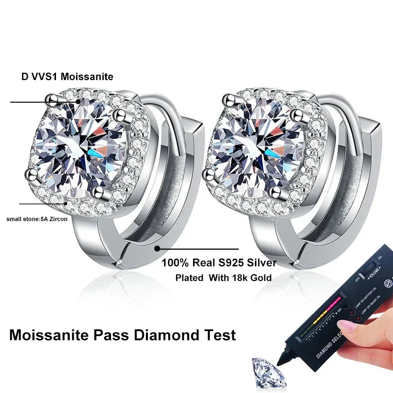 1ct Moissanite Earrings for Women S925 Sterling Silver with 18k Gold Plated Hoop Earring Wedding Jewelry with Certificate