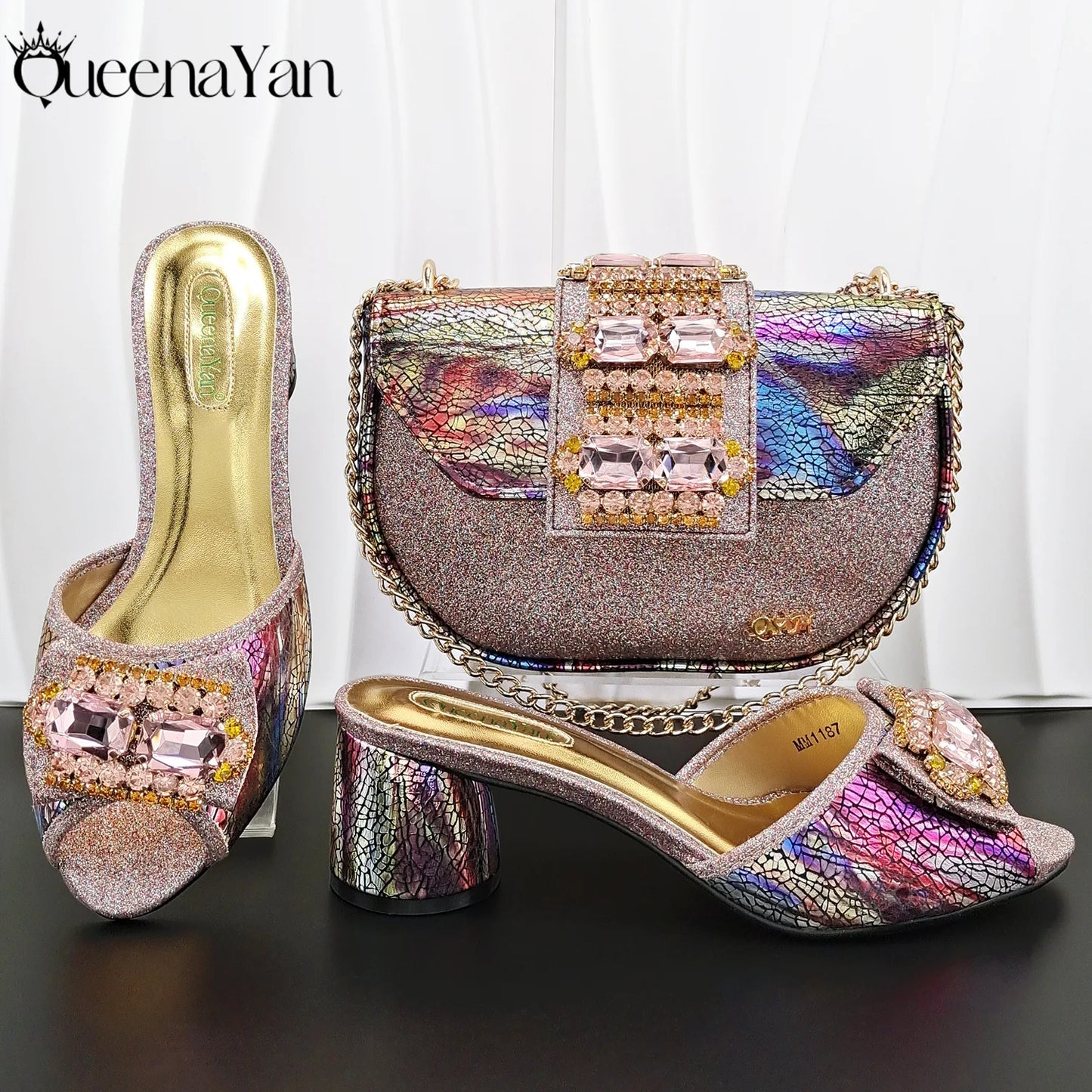 Fashion Mature  Brushed Style Rainbow Color Rhinestone Decoration Design Party Wedding Lady High Heels and Bag Set