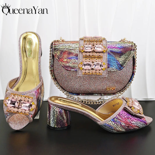 Fashion Mature  Brushed Style Rainbow Color Rhinestone Decoration Design Party Wedding Lady High Heels and Bag Set