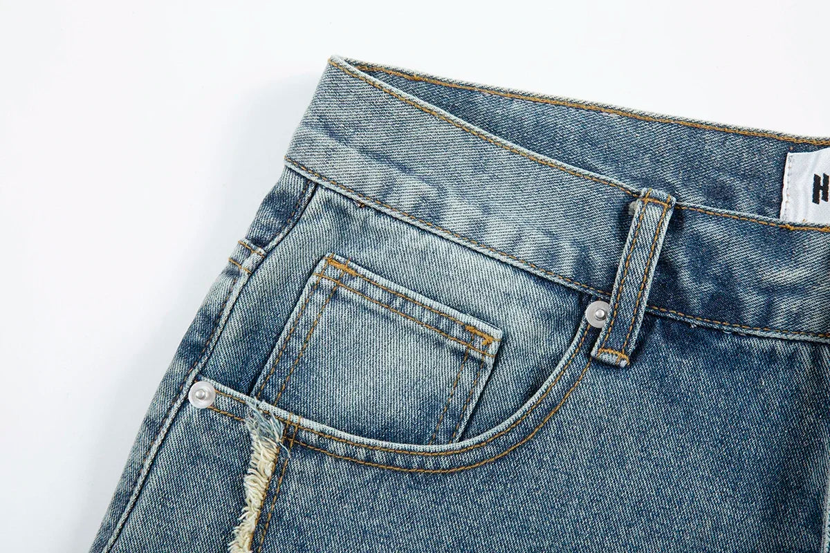 High Street Washed Stars Patchwork Baggy Jeans Shorts for Men Wide Leg Straight Casual Denim Five Point Pants Oversized
