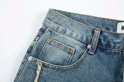 High Street Washed Stars Patchwork Baggy Jeans Shorts for Men Wide Leg Straight Casual Denim Five Point Pants Oversized
