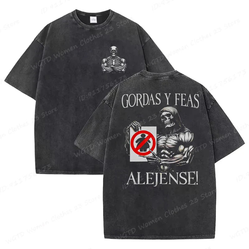 Calacas Chidas Gym Washed T-Shirts Men's Trendy Cool Skeleton & Gym Print Oversized Tshirt Summer Tees Streetwear Casual Tops