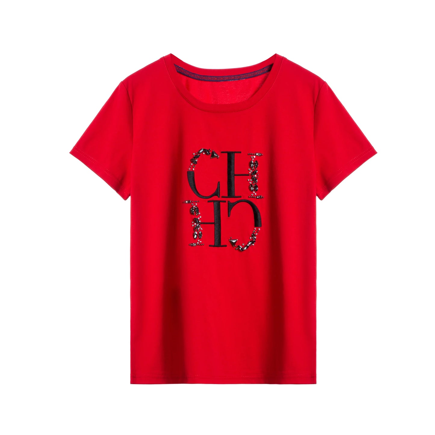 Women's T-shirt 2025 New Hand Embroidered Heavy Industry Casual Top Simple Round Neck Short Sleeve Women's Clothing