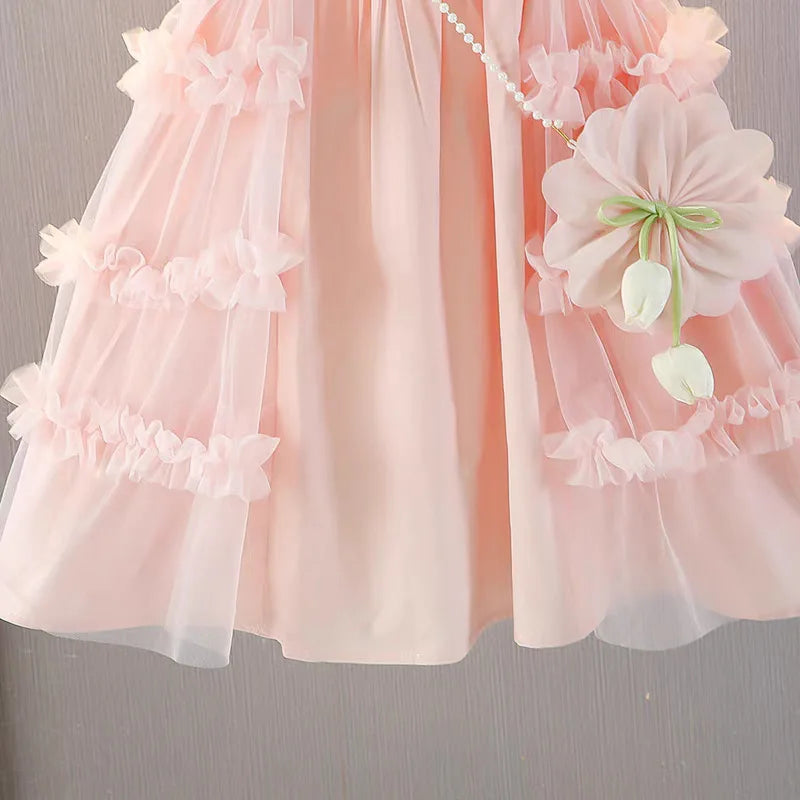 Cute blue lace sleeveless dress With Bag princess dress For 2-10 Yrs baby girls Children Clothes 6.1 Children's Day Clothing