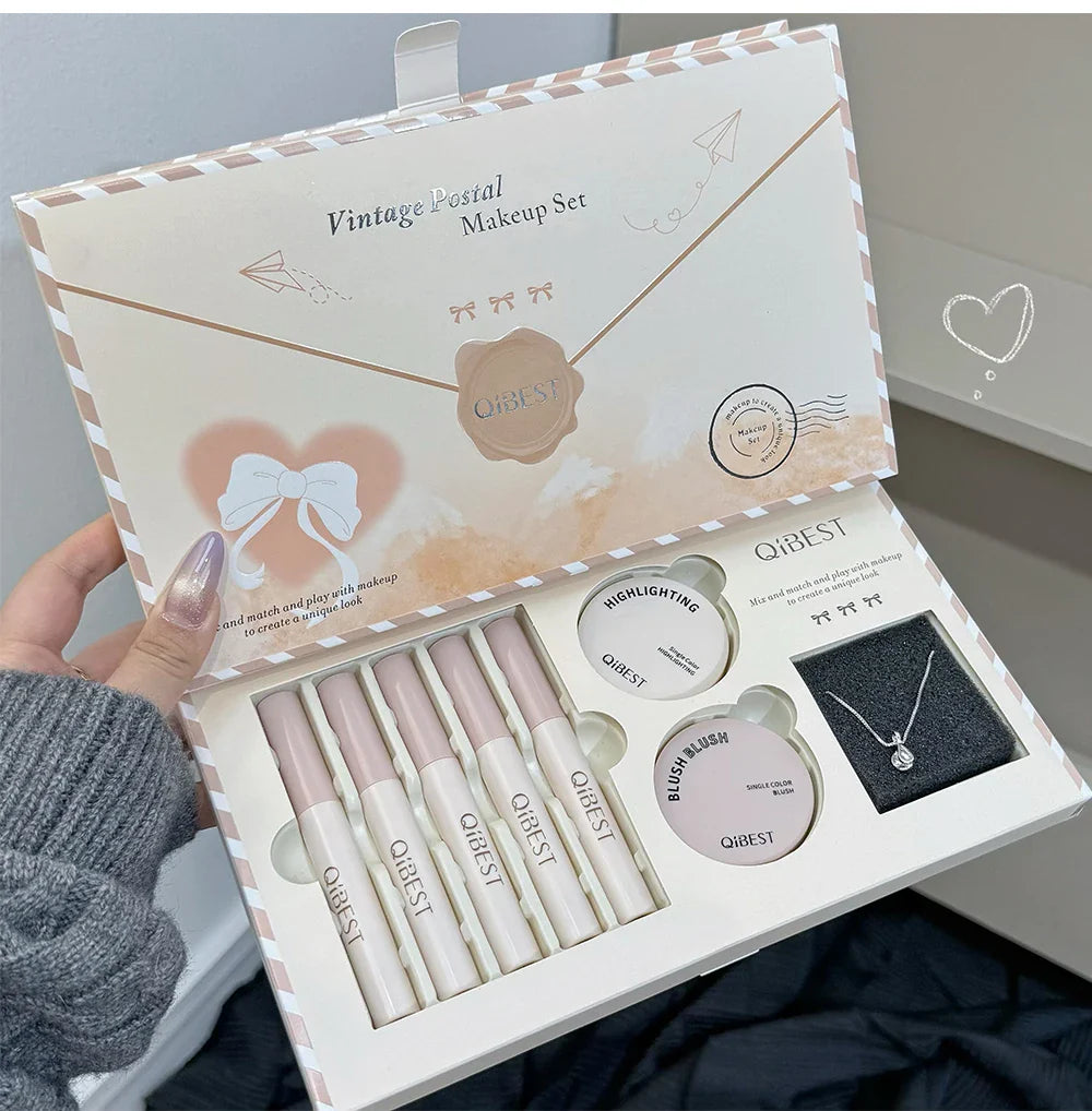 Retro Mail Makeup Set 5pc Matte Lip Mud,1 Blush,1 Highlight And 1 Necklace Gift Multipurpose Cosmetics Kits For Women