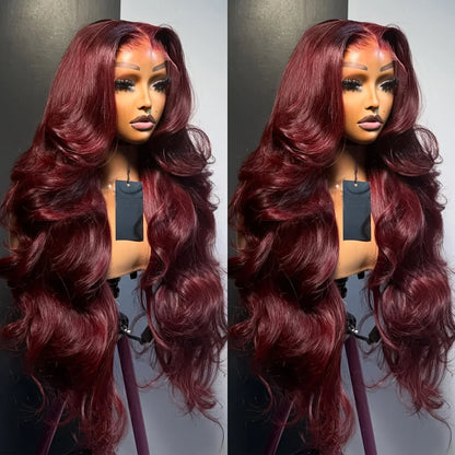 99J Burgundy Pre impregnated Lace Women's Front Hair -250% Density 13x4 Body Wave HD Transparent Lace Front Wig For Women