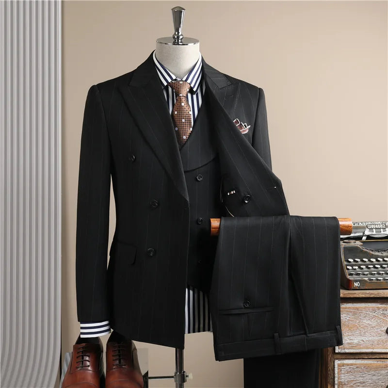 Man Outfit Turn Down Collar Long Sleeve Blazer Men Turn Down Collar Vest Straight-leg Pant Male Striped Slim 3-piece Suit Set