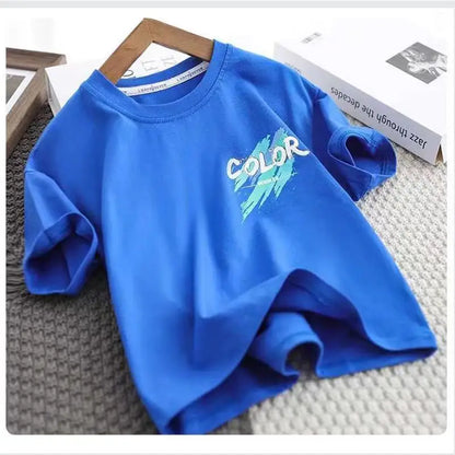 Children's set 2026 new Korean version boys' summer printed letter round neck short sleeved shorts two-piece set 4-12Y