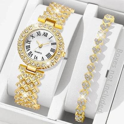 2-piece Ladies' Roman Scale Full Diamond Quartz Watch Heart Bracelet Accessory Set Suitable For Daily Wear