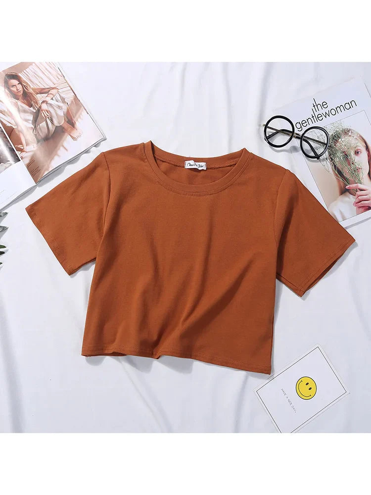Summer Short Sleeve T Shirts Women  Solid T-shirt O Neck High Waist Crop Top Tee Female Casual Loose T Shirt