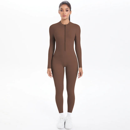 Solid Color Bodysuits for Woman's Backless Long Sleeved Zipper Yoga Jumpsuits High Dtrength Workout Sports Fitness Clothing Set