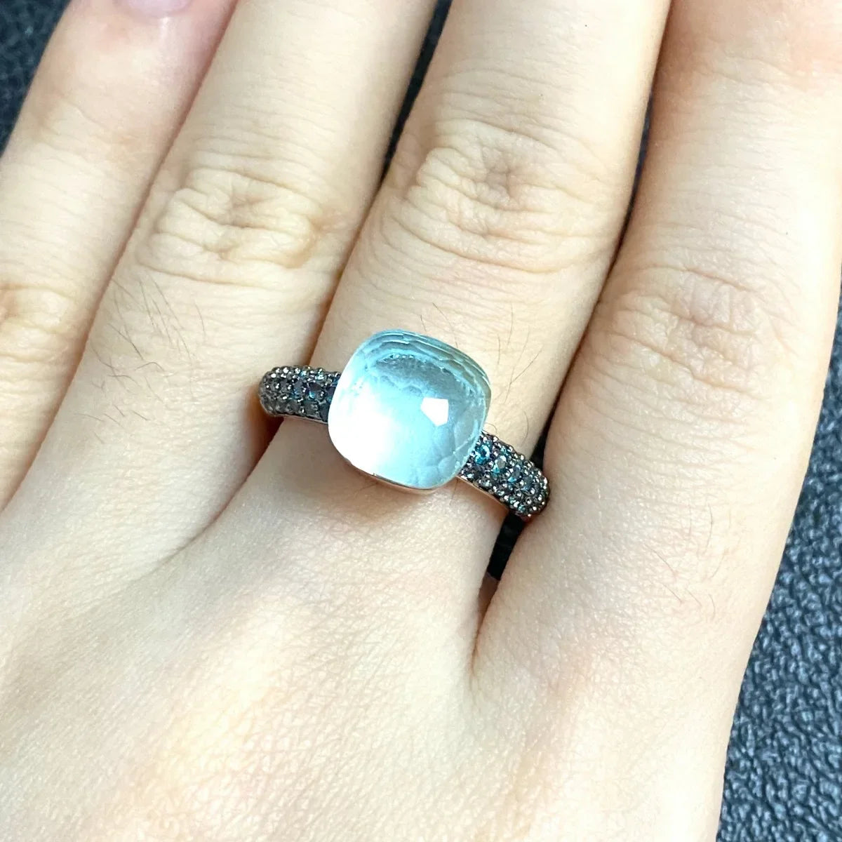 10.6mm Elegant Blue Topaz Zircon Ring Dual Tone Black Gun & Rose Gold 30 Colors Candy Crystal Jewelry Gift for Women