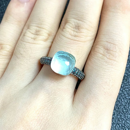 10.6mm Elegant Blue Topaz Zircon Ring Dual Tone Black Gun & Rose Gold 30 Colors Candy Crystal Jewelry Gift for Women