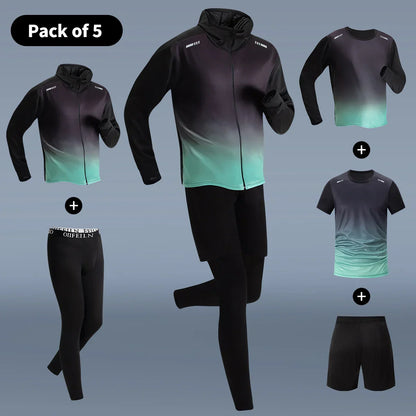 5-Piece Men's Quick-drying Sports Suit Fitness Running Tight Elastic Trousers With Cap Gradient Coat Round Neck Casual T-shirt