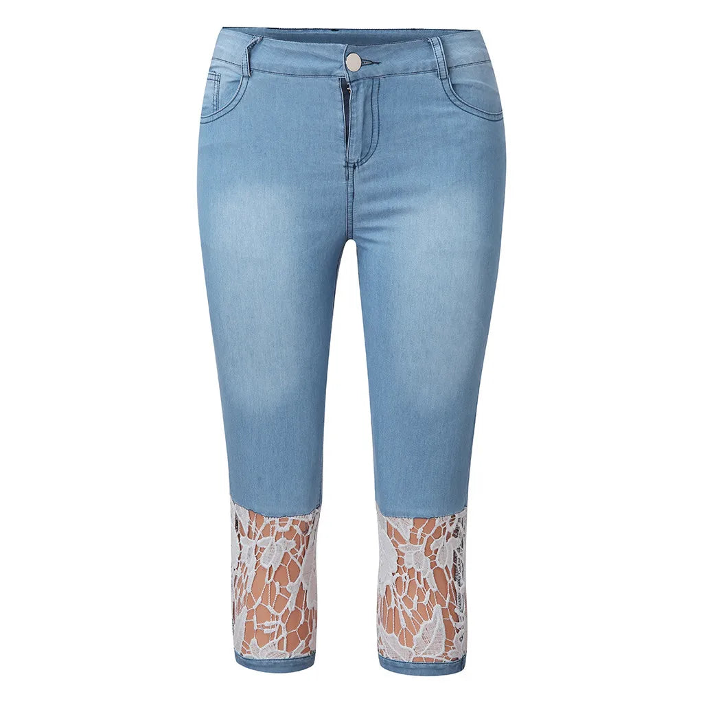 Calça Jeans Feminina Capri Casual com Renda Patchwork Calça Jeans Cropped de Cintura Alta e Caimento Justo Calça Jeans Feminina Streetwear
