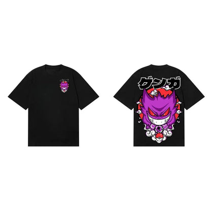 Anime Gengar Front and Rear Printed T-shirt Men and Women Summer Y2K Harajuku Loose Casual Versatile Short-sleeved Top