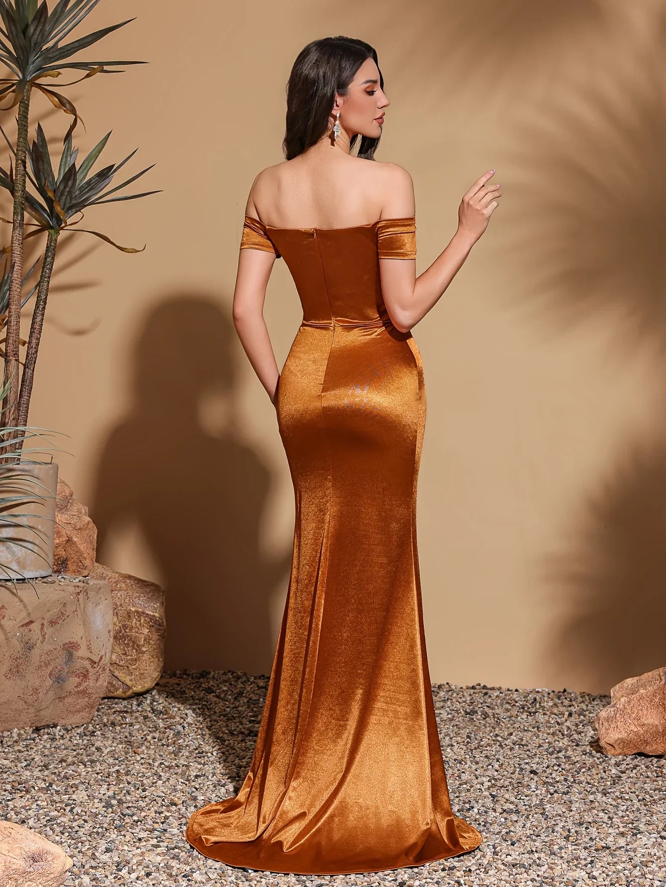 Off-the-shoulder high slit, floor-length back, satin hip-hugging party dress