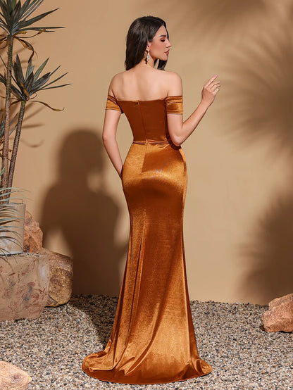 Off-the-shoulder high slit, floor-length back, satin hip-hugging party dress