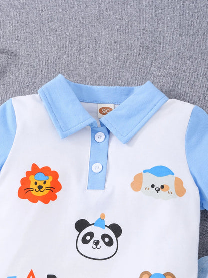 Baby Boy Summer Casual Animal Print Polo Shirt + Jeans Two-Piece Set Infant Clothing Outfit