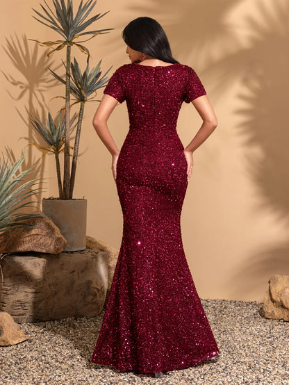 Sequined short-sleeved square neck hip-hugging wedding dress, classic retro style, elegant and chic dress