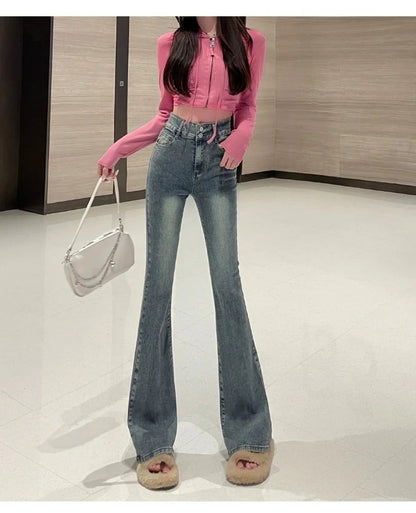 Autumn Winter American Sle High Waist Slim Fit Drapey Micro Flared Jeans Women's Premium Denim Pants