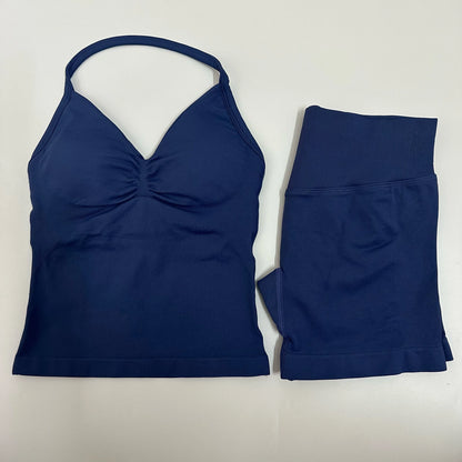 Women Yoga Set Seamless Yoga Longline Strappy Tank Top Scrunch Sports Shorts Gym Clothes Woman Summer Workout Outfit