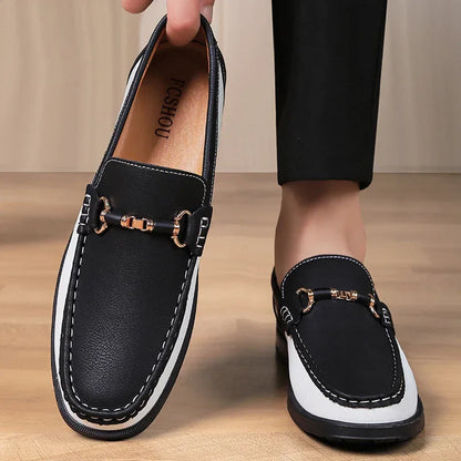 Sapatos Masculinos de Couro Genuíno de Marca de Luxo Mocassins de Casamento Sem Cadarço Nova Tendência Fivela de Metal Sapatos Masculinos Versáteis para Negócios