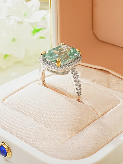 Luxurious light green tourmaline 925 sterling silver ring set with high carbon diamond temperament niche and versatile for women