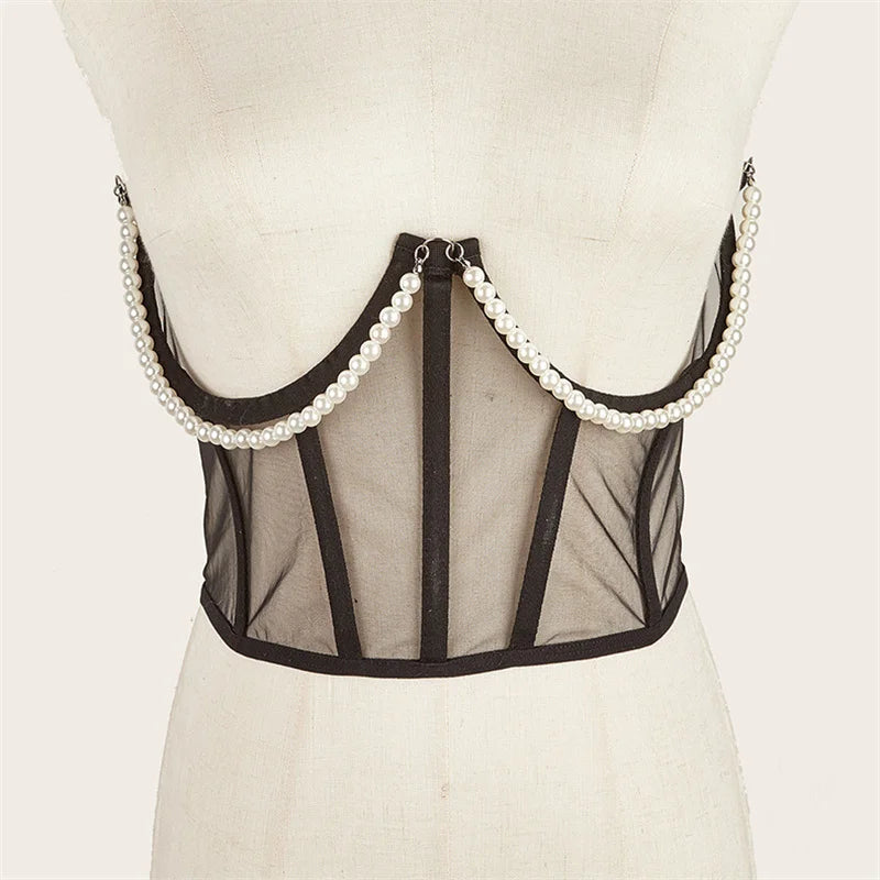 Pearl Chain Bustiers Tied Waspie Wide Belt Cinchers Underwire Lace-up Underbust Corset Bustier Corsets Tops Boned Corset