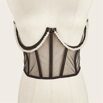 Pearl Chain Bustiers Tied Waspie Wide Belt Cinchers Underwire Lace-up Underbust Corset Bustier Corsets Tops Boned Corset