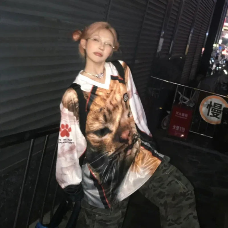 Japanese Y2k Kitten Print Jersey T-shirt Vintage Harajuku V-neck Long Sleeve Cat Tops American Retro Streetwear 2000s