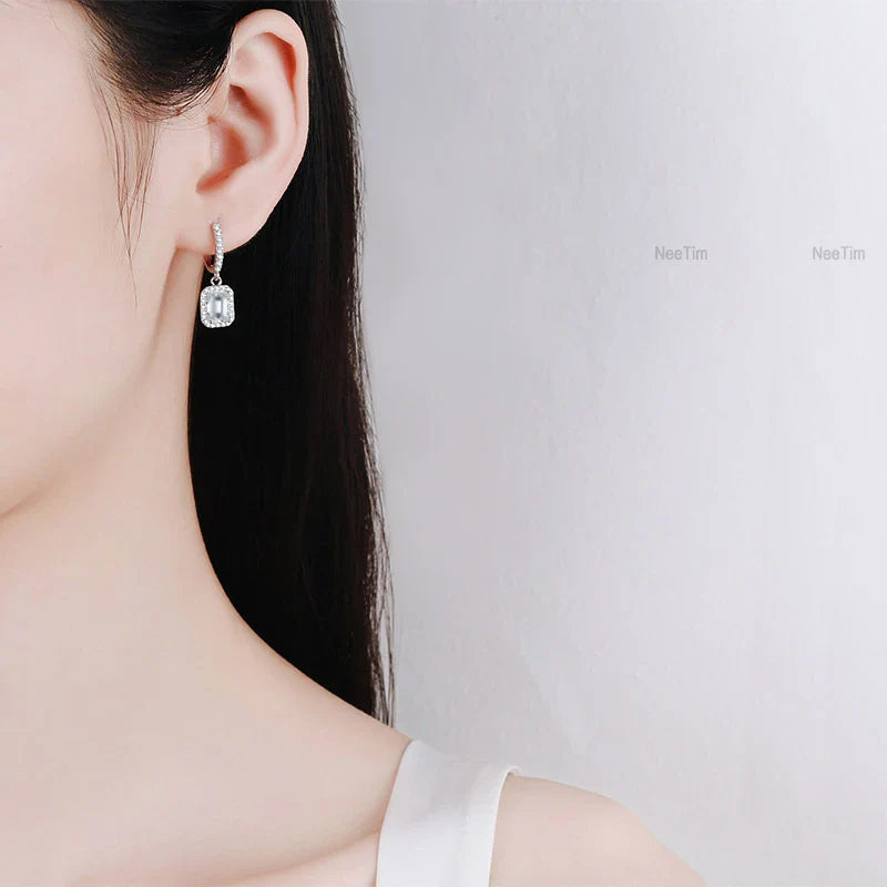 1ct 2ct Moissanite Earrings for Women 925 Silver with Gold Plated Lab Diamond Radiant Emerald Cut Sparkling Drop Earring