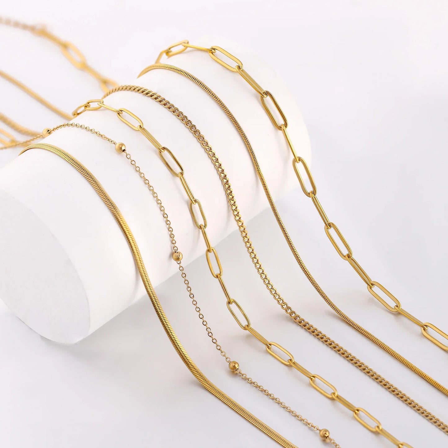5Pcs/Lot Stainless Steel Bead Rope Link/Cuban/Paperclip Links Snake Chain Necklace Diy Women Jewelry 18K Gold Color Neck Chains
