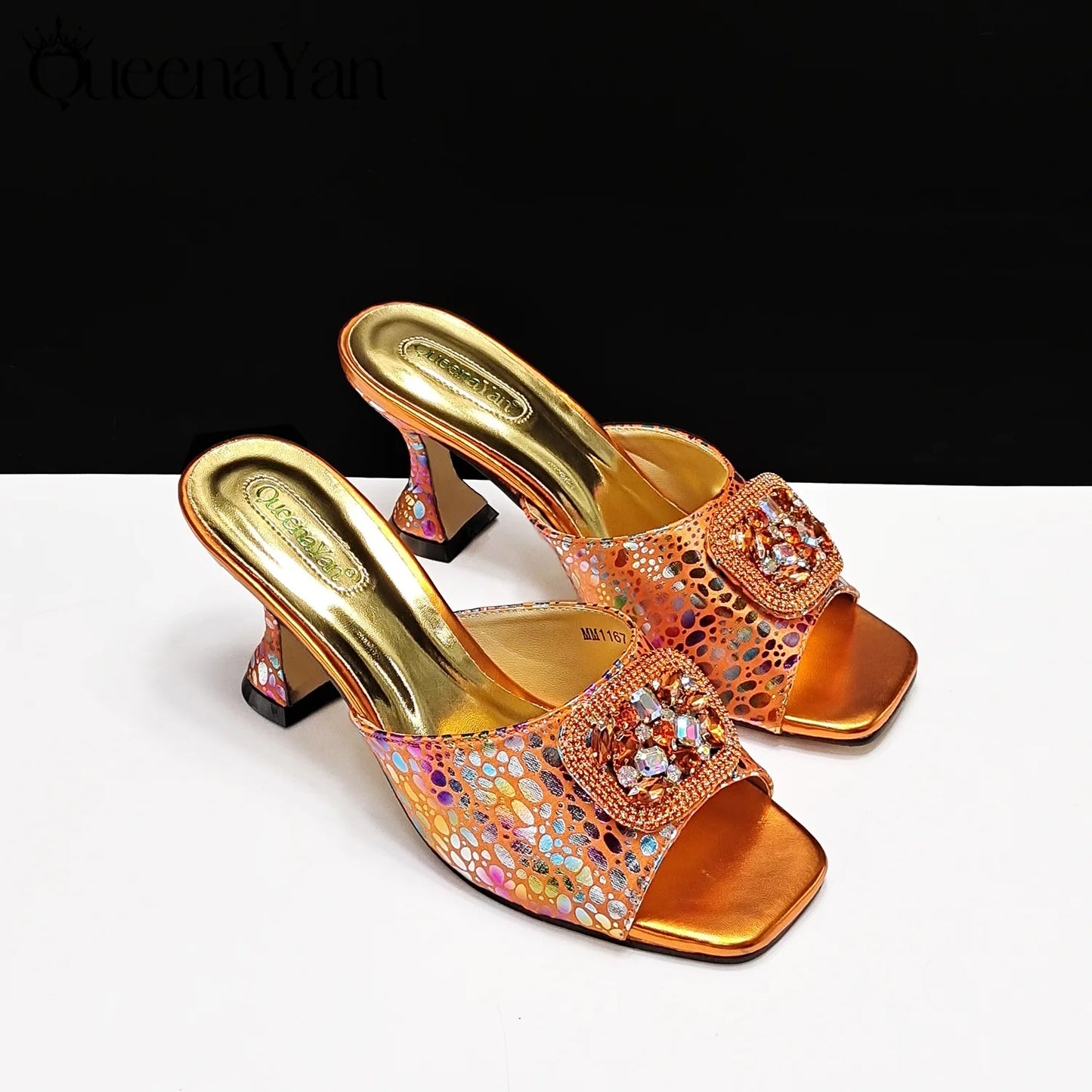 Fashion Newest Arrival Orange Color Square Toe Women Sandals Shoes Matching Bag Set for Ladies Wedding Party Pump