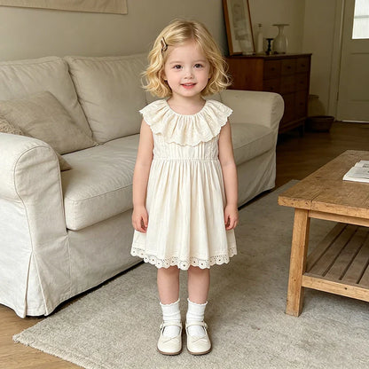 2026 Girls Summer New 2-6Yrs Pure Cotton Sleeveless Lace Collar Baby Girl Dress Children Princess Birthday Sweet Dress