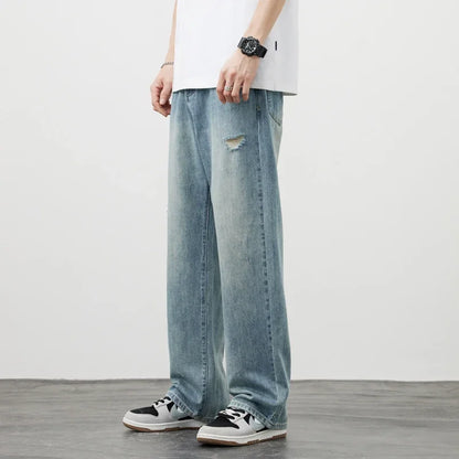 Korea Baggy Jeans Men's Vintage Straight Ripped Y2k Pants Fashion Frayed High Street Distressed Denim Trousers Male Clothes