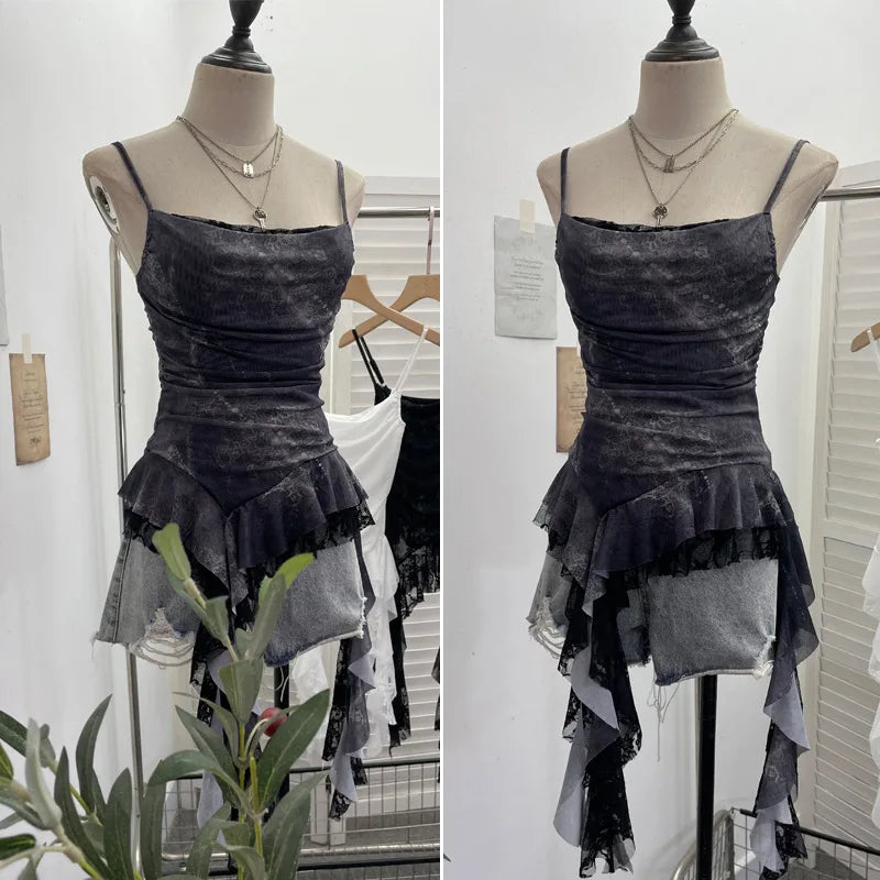 Summer Y2K Camisole for Women Casual Spaghetti Straps Double Layers Lace Stretch Mesh Patchwork Asymmetrical Slim Tops