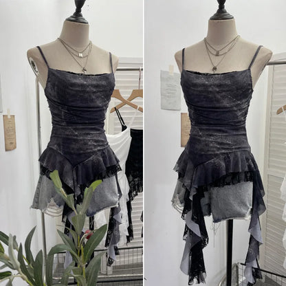 Summer Y2K Camisole for Women Casual Spaghetti Straps Double Layers Lace Stretch Mesh Patchwork Asymmetrical Slim Tops
