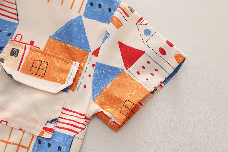 2PC Summer Boys' Short-sleeve Shirt Tops Print Fashionable Outfit for Outdoor Wear New Summer Trendy Set for Kids