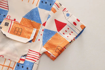 2PC Summer Boys' Short-sleeve Shirt Tops Print Fashionable Outfit for Outdoor Wear New Summer Trendy Set for Kids