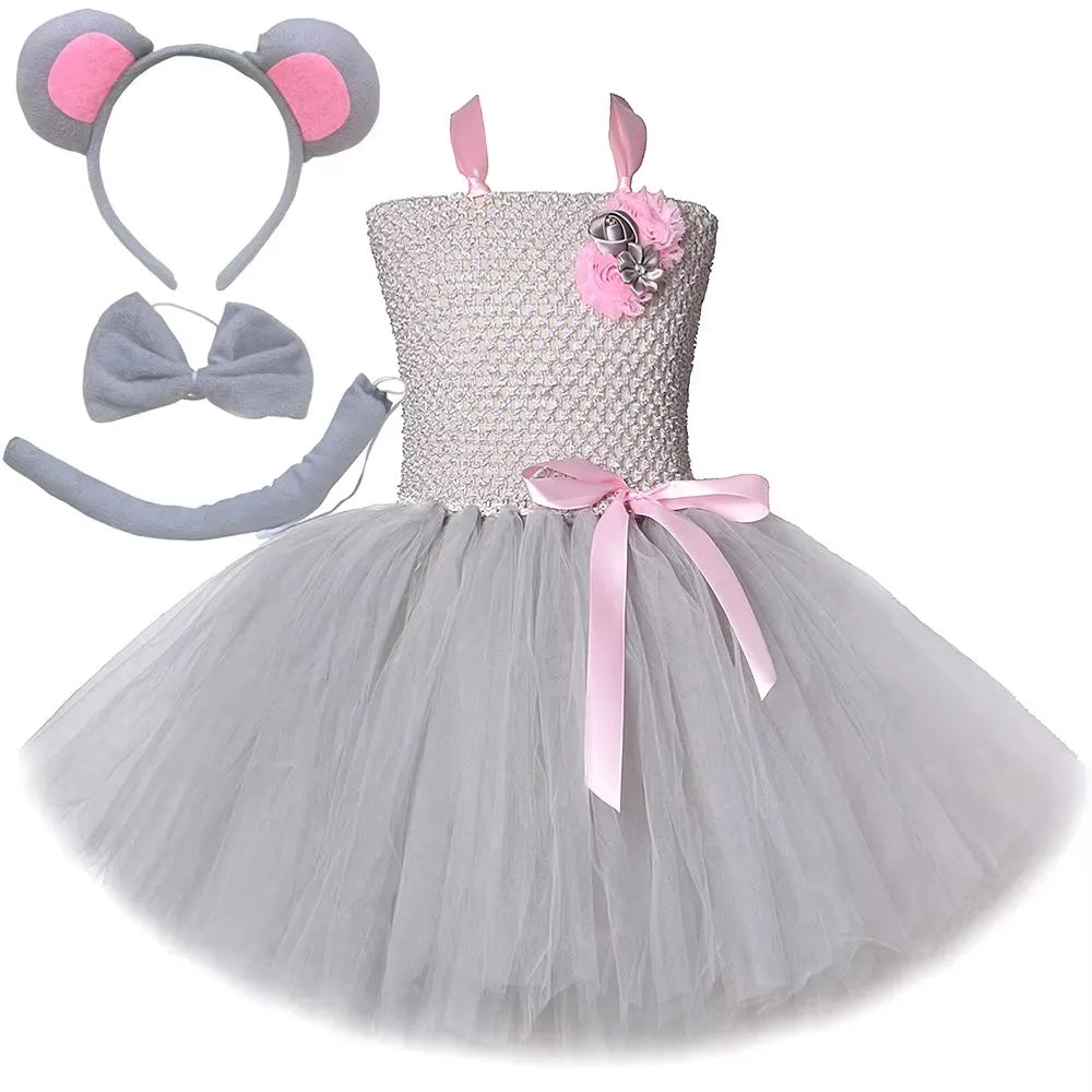 Pink Gray Mouse Tutu Dress for Baby Girls Grey Rat Costumes with Ears Bow Tie Tail Kids Animal Carnival Outfit Birthday Clothes