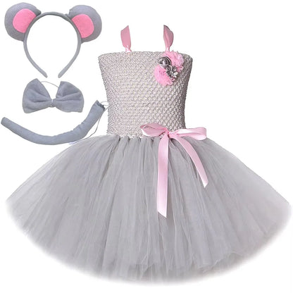 Pink Gray Mouse Tutu Dress for Baby Girls Grey Rat Costumes with Ears Bow Tie Tail Kids Animal Carnival Outfit Birthday Clothes
