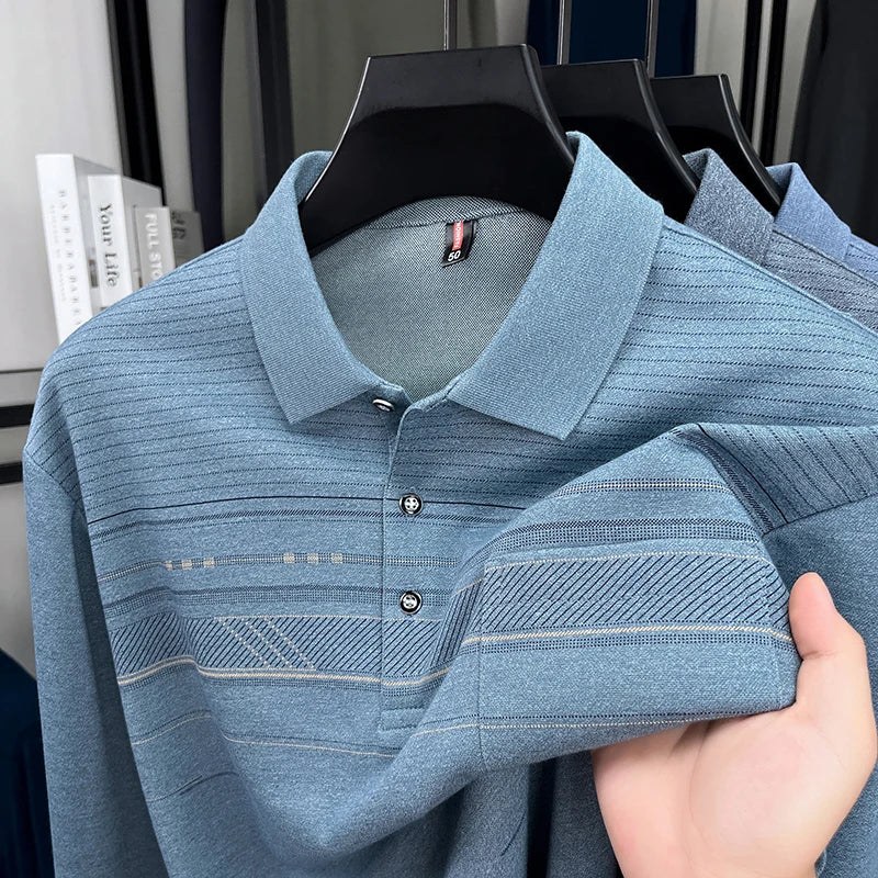 High quality striped printed long sleeve polo shirt men's fashion light luxury pocket autumn new business casual lapel T-shirt