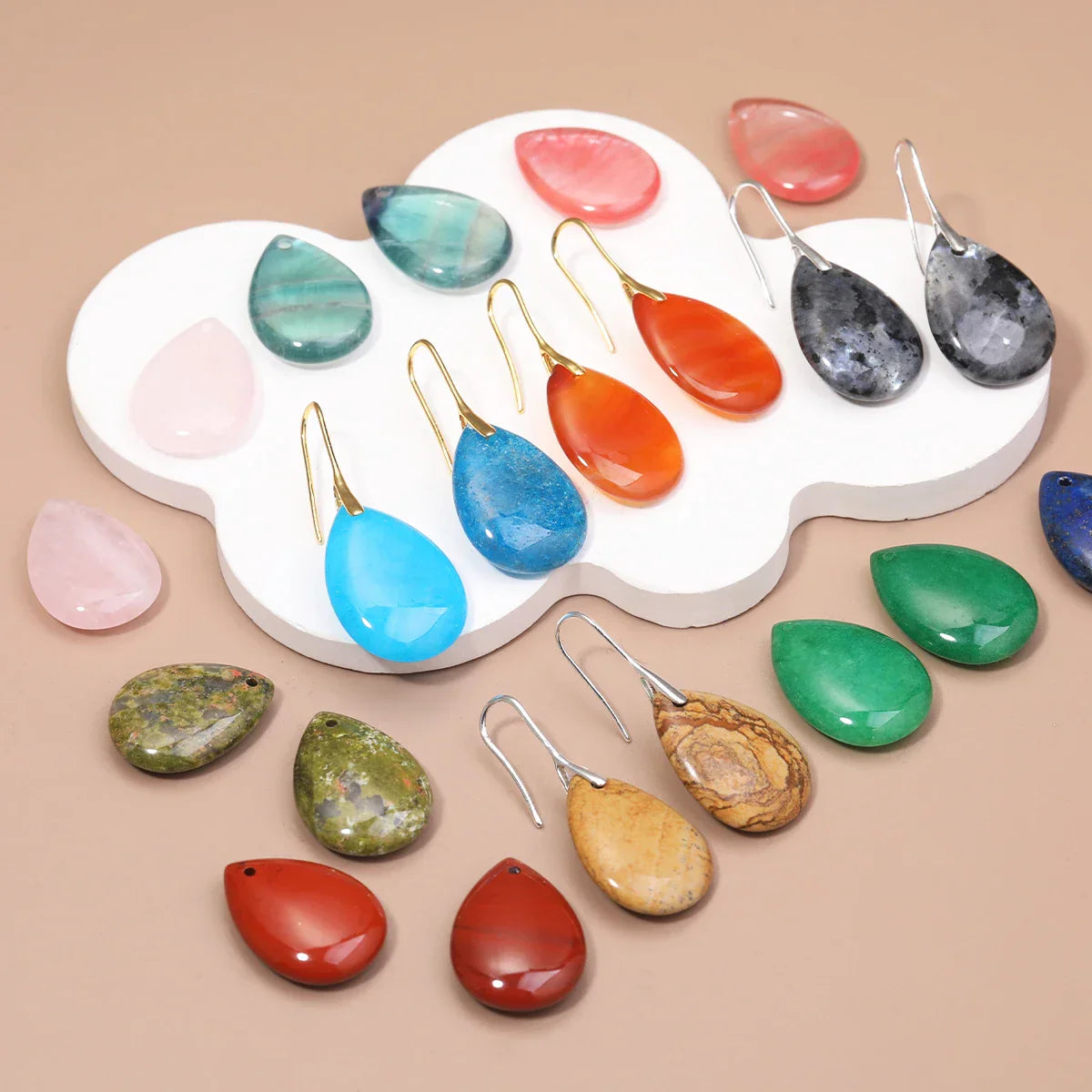 Natural Stone Pendant Women's Teardrop Earrings Elegant Gem Jewelry Creative Gift Black Obsidian Amethyst Rose Quartz Earrings