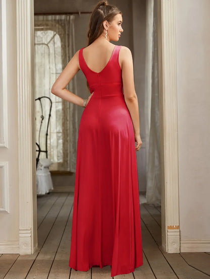 Prom Dresses Split V Neck Bridesmaid Dress Elegant Women Wedding Party A Line Formal Dress Sleeveless Floor Length Birthday Gown