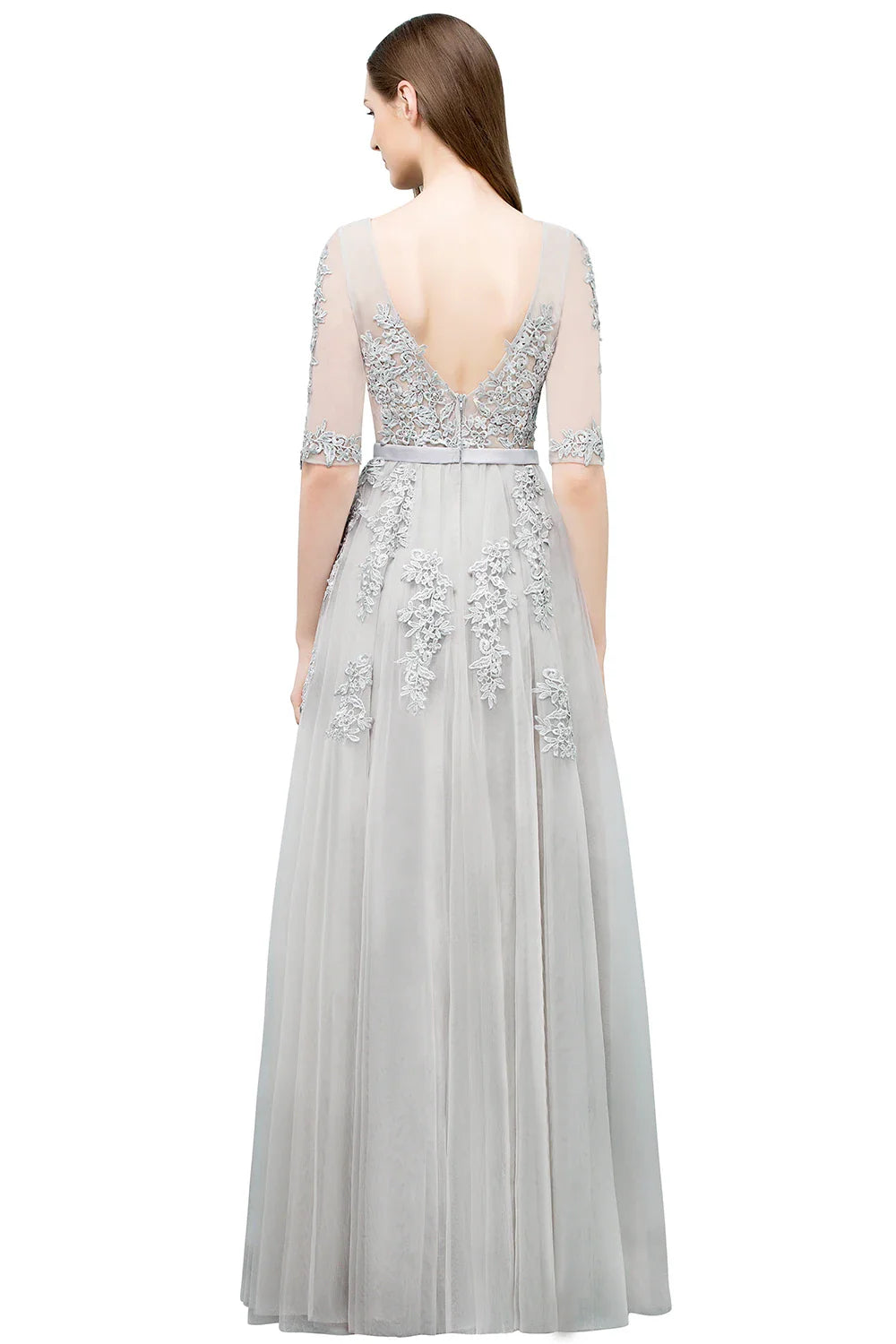 Elegant Half Sleeve Evening Dresses Lace Appliques A-Line Long Tulle Strap V-Neck Sheer Backless Prom Dress Empire Party Gowns