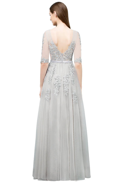 Elegant Half Sleeve Evening Dresses Lace Appliques A-Line Long Tulle Strap V-Neck Sheer Backless Prom Dress Empire Party Gowns
