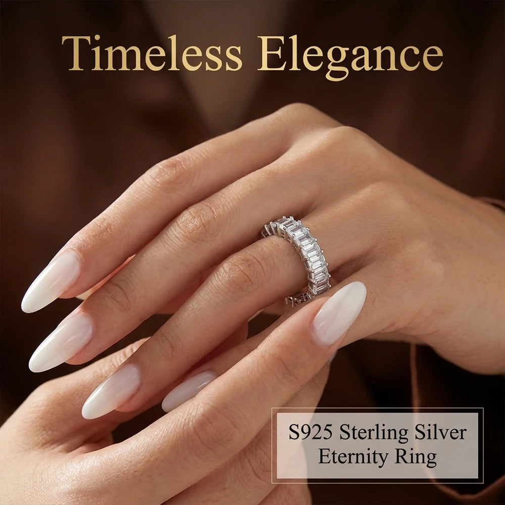 Emerald Cut Moissanite Eternity Ring 925 Sterling Silver Wedding Band D VVS Lab Grow Created Moissanite Rings for Women
