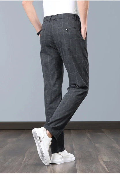 Summer Thin Plaid Formal Stretch Pants Men Slim Business Grey Black Casual Pant Fashion Male Clothing England Trousers