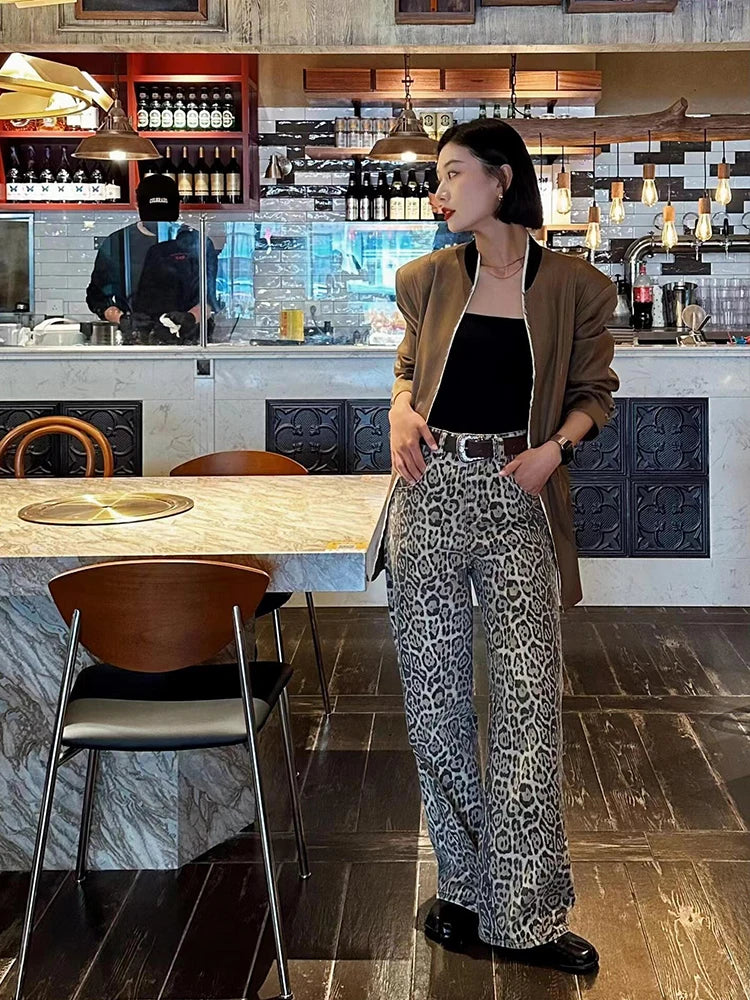 Y2k Vintage Leopard Print Loose Women Jeans